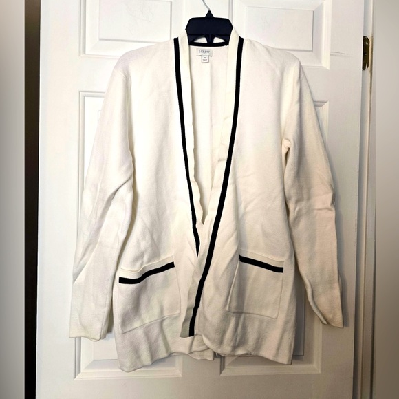 J Crew Woman’s Open Cardigan Ivory With Black Contrast Line Size Medium Classic - Picture 1 of 6